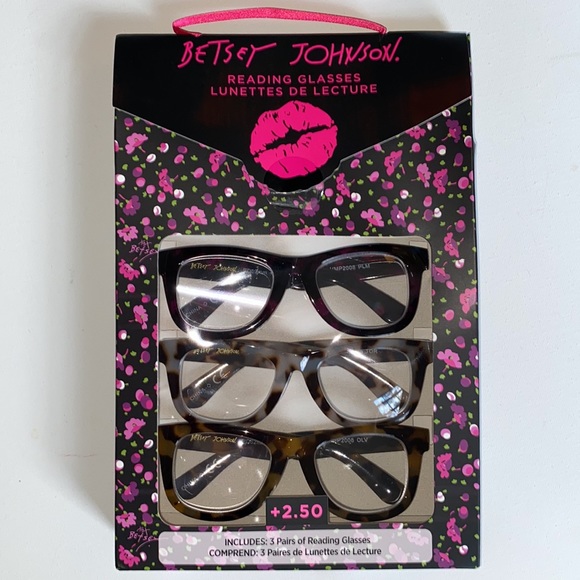 Betsey Johnson Accessories - 3 Betsey Johnson retro thick frame reading glasses plum animal print + 2.50